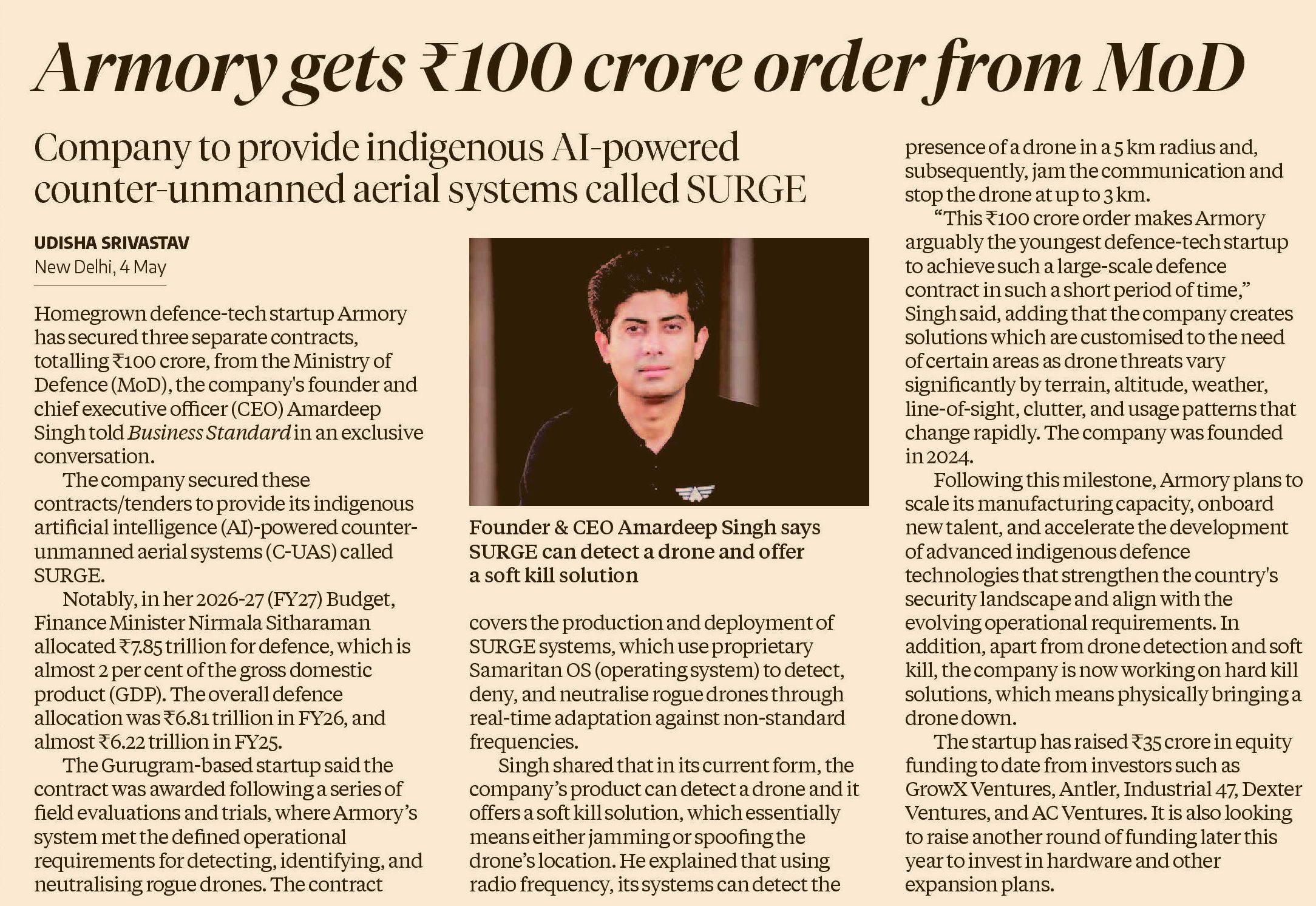 Business Standard clip: Armory gets ₹100 crore order from MoD. Company to provide indigenous AI-powered counter-unmanned aerial systems called SURGE.