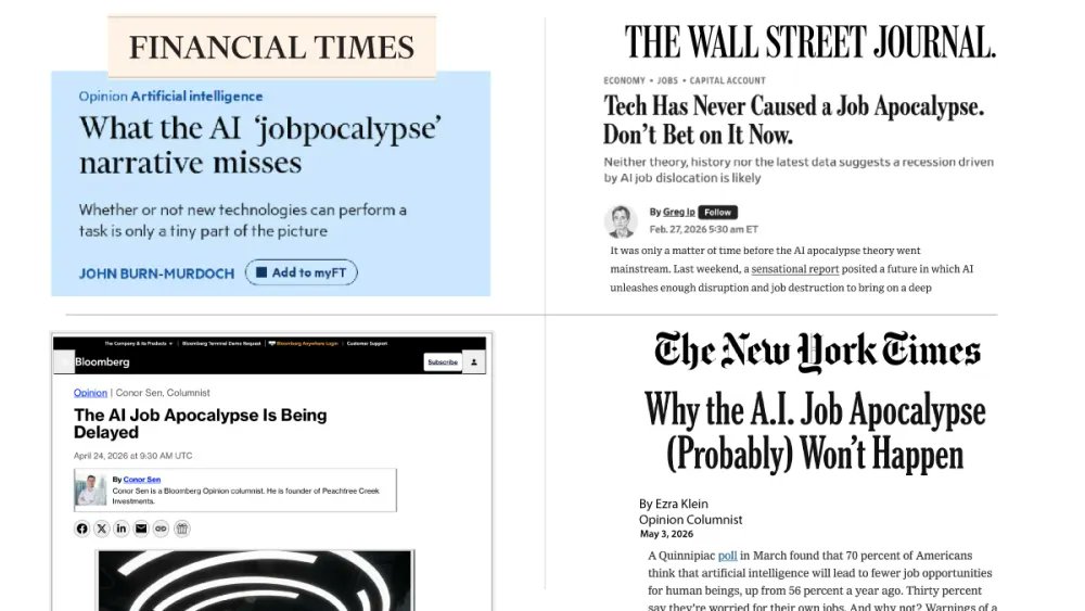 Headlines from Financial Times ('What the AI 'jobpocalypse' narrative misses'), The Wall Street Journal ('Tech Has Never Caused a Job Apocalypse. Don't Bet on It Now.'), Bloomberg ('The AI Job Apocalypse Is Being Delayed'), and The New York Times ('Why the A.I. Job Apocalypse (Probably) Won't Happen') — the press pushback Andrew Ng cites.