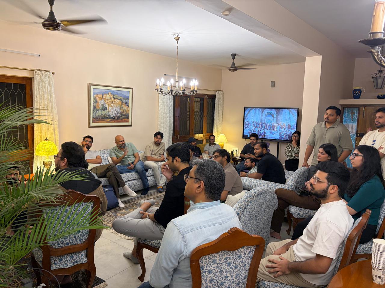 Vaibhav Domkundwar hosting FutureFounders BLR at Shram AI's bungalow office in Indiranagar: a small group of founders gathered for the SF-or-India Q&A