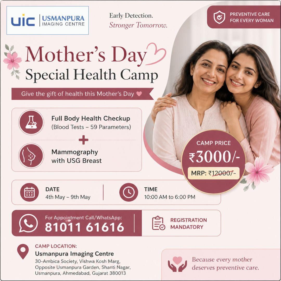 Mother's Day Special Health Camp poster from Usmanpura Imaging Centre. 4 to 9 May 2026. Full body health checkup with mammography. ₹3,000.