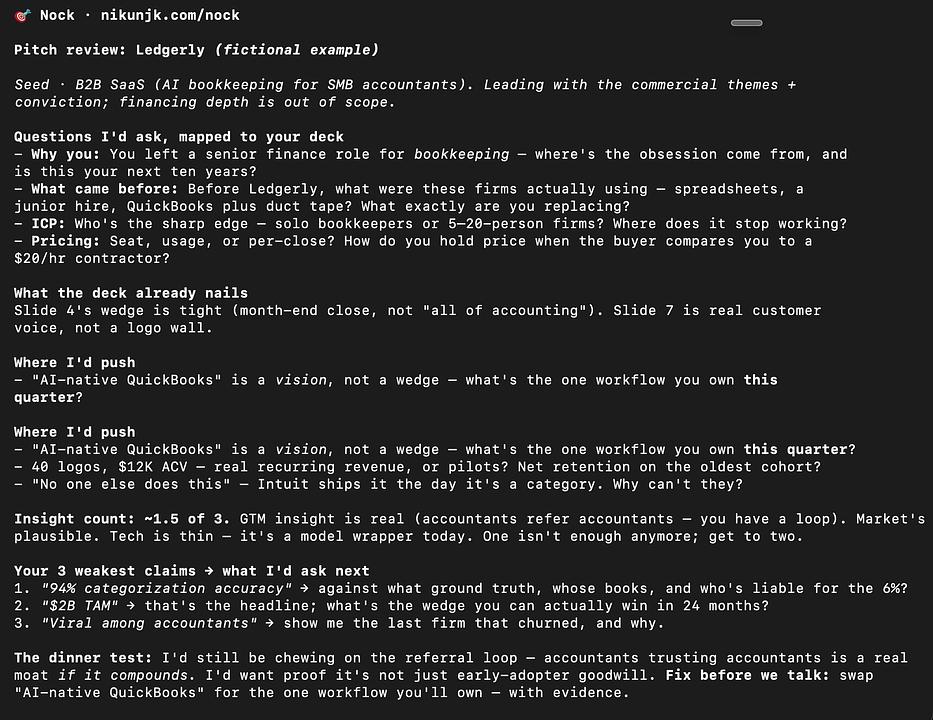 Nikunj Kothari built Nock: a Claude Code skill that pitches like him
