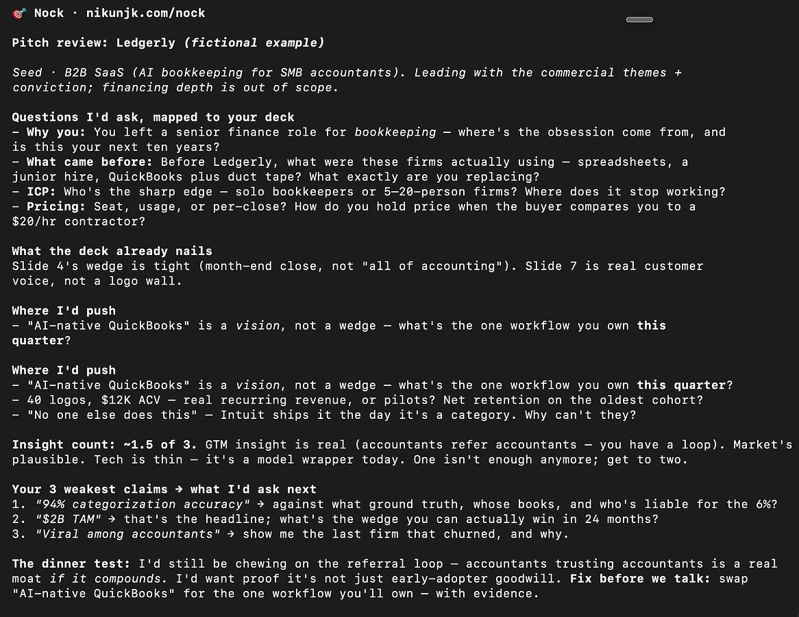 Nikunj Kothari built Nock: a Claude Code skill that pitches like him