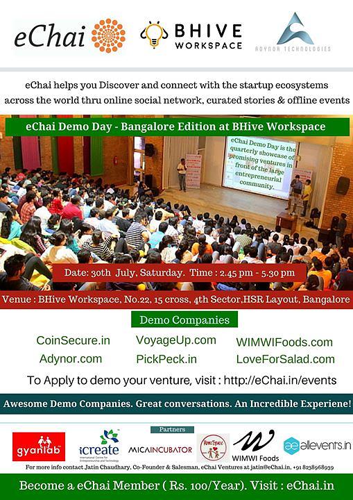 Cover for Entrepreneurs of Bangalore : eChai Demo Day - Bangalore Edition in association with BHive Workspace