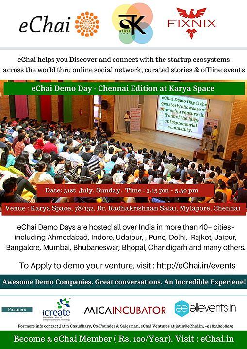 Cover for Entrepreneurs of Chennai : eChai Demo Day - Chennai Edition in association with Karya Space